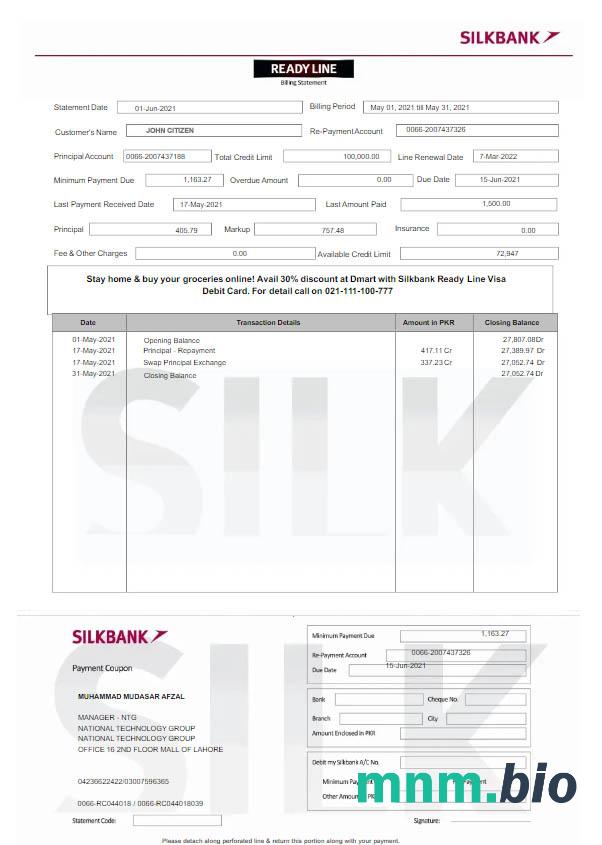 Pakistan Silkbank rachunek Wyciąg słowo i PDF szablon